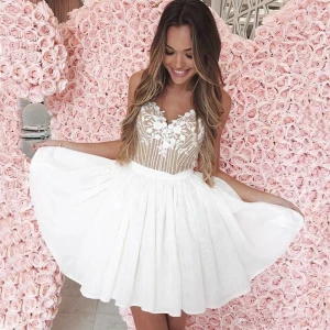 2020 Little White Homecoming Dresses With Appliques Spaghetti A Line Short Cocktail Party Dress Custom Made Prom Gowns