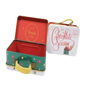 Custom Pattern Printed Square Tin Metal Box With Handle Large Rectangular Cookie Box Tin Christmas