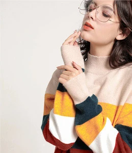 2019 Autumn / Winter new retro striped sweater women loose lazy ins wind knit bottoming shirt set half high collar sweaters