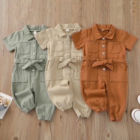 2021 Wholesale Popular Cute Solid Color Children Clothes Trendy Blank Short Sleeve Jeans Outfits Girls Jumpsuits