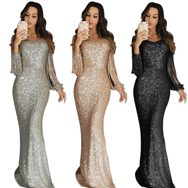 2021 Women Ladies Vestidos Largo Long Sleeve Party Maxi Sequin Evening Dress