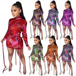 2021New Fashion Sexy Mesh Print Bandage Dresses Women Translucence Women Clothing Bodycon Dress
