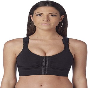 Advanced seamless technology hook and eye front closure racerback post surgery bra with removable padded cups