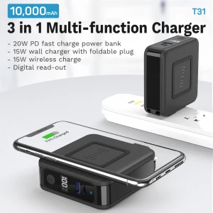 Amazon Top Selling 3 in 1 Travel Power Adapter QC 3.0 USB Wall Charger PD 20W Wireless Power Bank qi Fast Wireless Charger