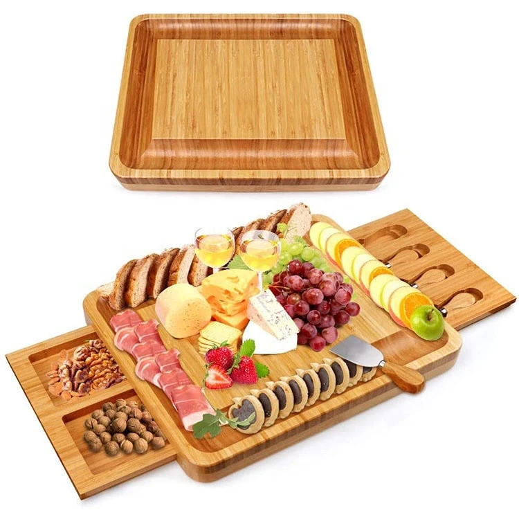 Bamboo Cheese Board and Knife Set,Cheese Servers with Hidden Drawer,Charcuterie Platter and Cheese Serving Tray