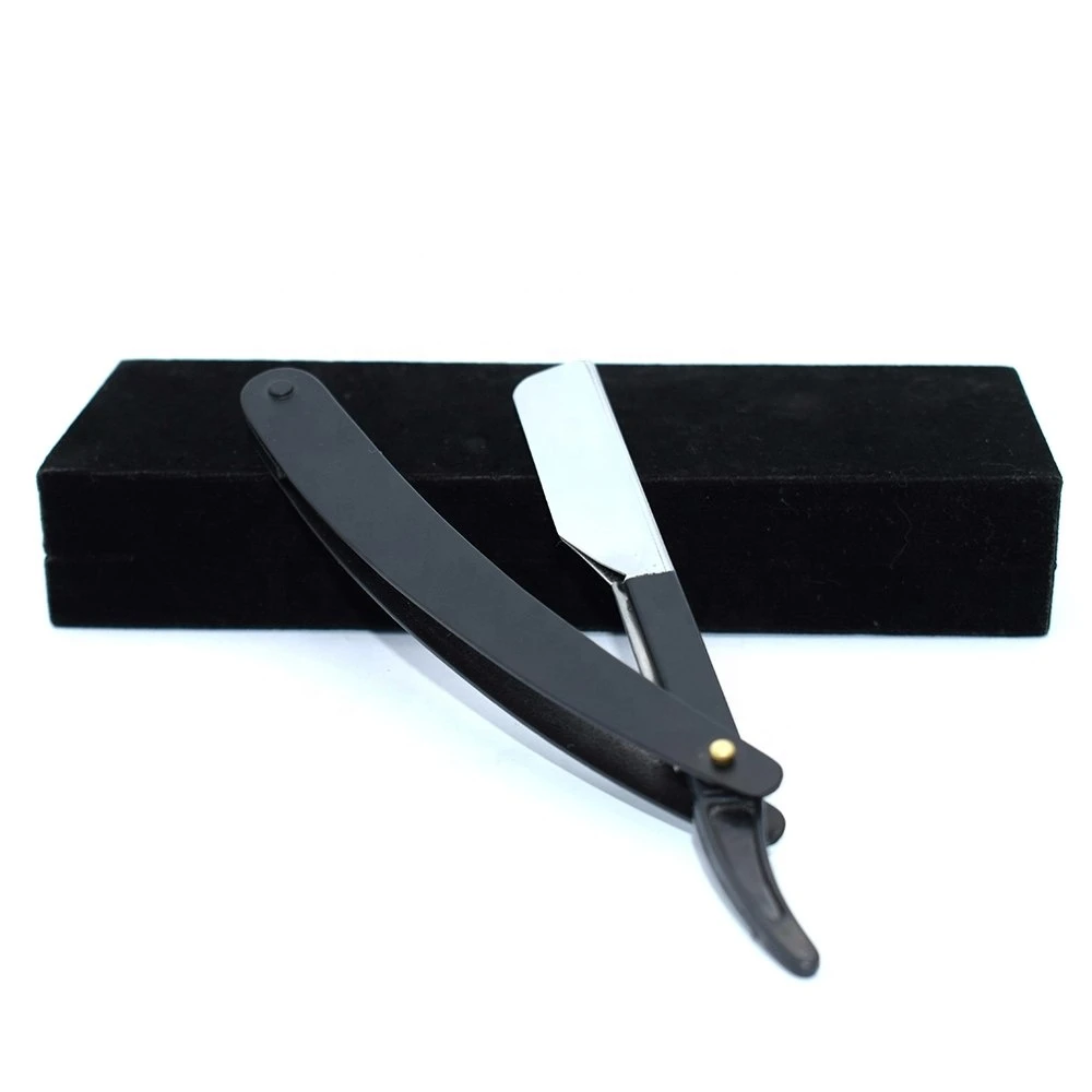 Black coated barber straight razor with exposed blade
