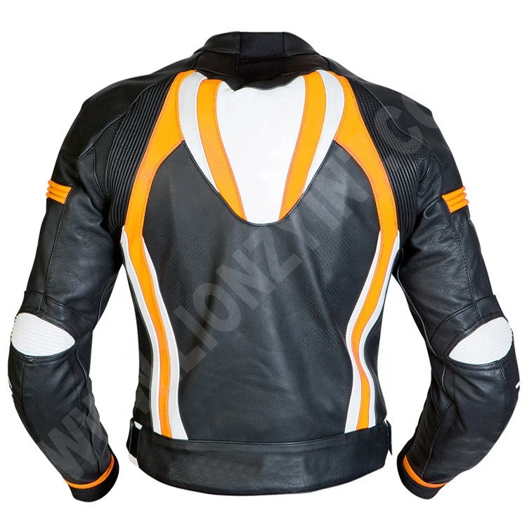 Black/White/Orange Motorcycle Men&#x27;s Racing Leather Jacket with Aerodynamic Hump
