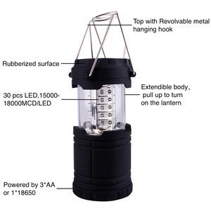 Cheap 30 LED Rubberized Portable Hand-held Folding LED Camping Lantern With 18650 And AAA Battery