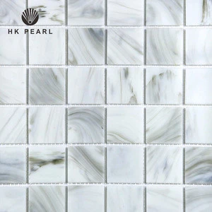 China Factory Wall White With Nebular Marble Hot Melt Glass Mosaic Tiles With Mesh