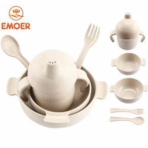 Creative wheat straw fiber childrens tableware set with anti-fall and anti-hot fork spoon