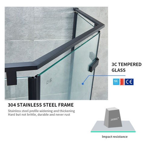 Custom Folding Black Stainless Steel Framed Standard Tempered Glass Anti Slip Bathroom Corner Magnet Shower Door