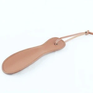 custom genuine leather long handle shoehorn, Leather wrapped metal shoe horn with logo keychain