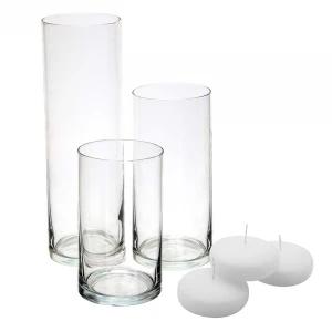 Customized 12inch Glass Cylinder Vases Set of 3Including 3 Floating DISC Candles, Decorative Centerpieces for Home or Wedding