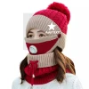 DDA556 Plain Fleece Lined Knitted Hat Touch Screen Gloves Lady Collar Sets Warm Knit Beanie Pom Pom Winter Hats Gloves Scarf Set
