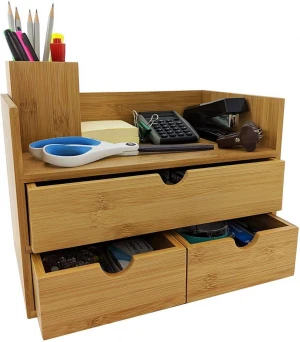Dustproof Wooden Desktop Study Storage Cosmetic Drawer Combohome 3-Tier Desk Office Bamboo Wood Supply Organizer With Drawers