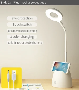 Eye caring Gooseneck study desk lamp led touch dimmable USB Rechargeable reading table led light with pen holder