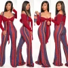 F188-fall long sleeve off shoulder top with plaid suspender jumpsuit set two piece outfits women