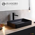Factory direct supply matt black finished bathroom ceramic wash basin black color counter top slim square