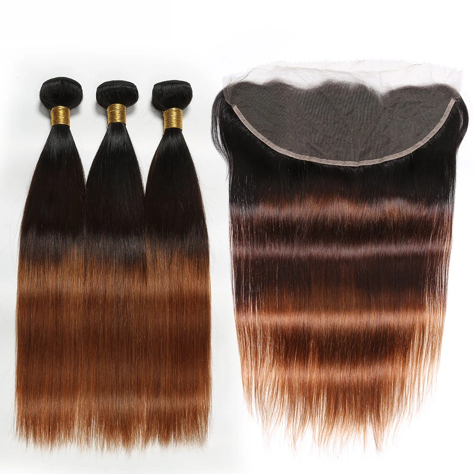 Factory Price Hair  Ombre Color Human Hair 3 T  T1B/4/27 Colors Hair Bundles With Frontal For Women Daily Wear