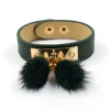 Fashion Mink Fur Pompom Ball Charm Women PU Leather Bracelet with Alloy Accessory