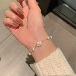Fashion Pearl Jade Bracelets Vintage Camellia Pearl Beads Bangles Bracelets For Girls Adjustable Bracelet