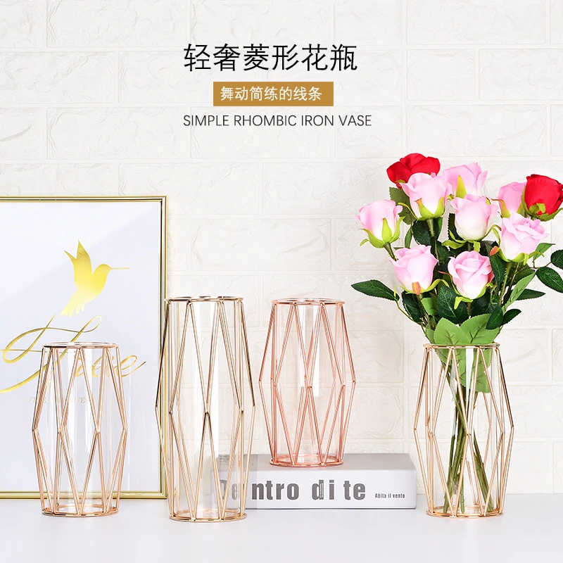 Flower Vases Small Nordic Plant Bud Modern Clear Cheap Decoration Rose Gold Wedding Metal Flower Glass Vases For Home Decor