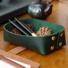 Genuine Leather Catchall Change Key Wallet Coin Box Tray Valet Crazy Horse Vintage Handmade  Desk Storage Box