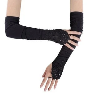Grace Karin Womens 19" Lace Embellished Pleated Black And White color Fingerless Gloves Bridal Wedding Gloves CL010471
