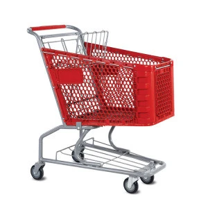heavy duty safety grocery supermarket rolling plastic shopping trolley cart with 4 wheels