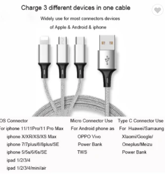 Hot Selling 2.4A Android Charger Cable Micro USB Lighting Type C 3 in 1 USB Fast Charging Data Cables
