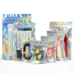 in Stock Laser Bags Three Side Seal Laser Ziplock Pouch Clear Aluminium Foil Heat Seal Holographic Packaging Plastic Bag with Handle Hole