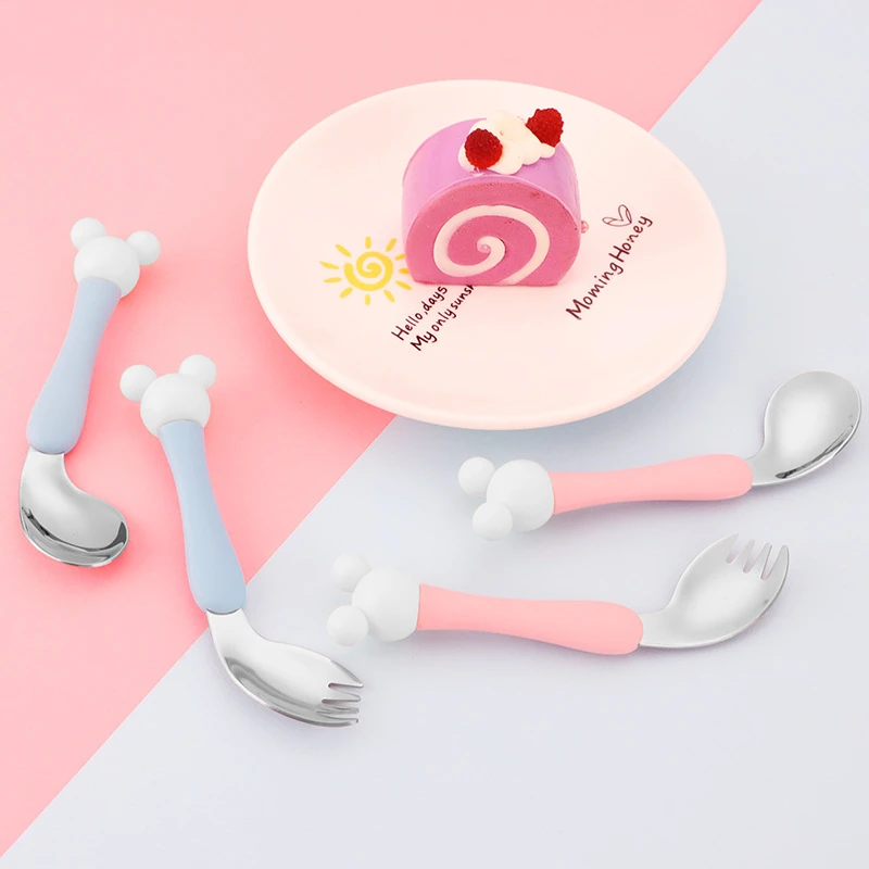 Infant Cute Food Feeding Spoon Fork Baby Tableware Eating Training Spoon Set