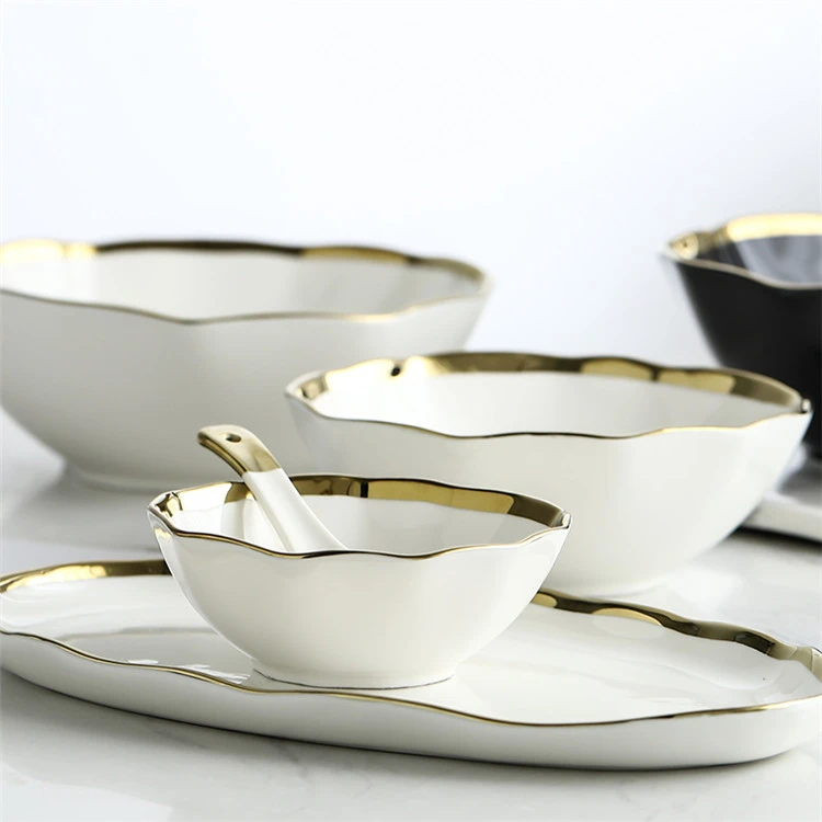 Irregular Shape Hand Made Europe Style Black Creativity Luxury Fruit Salad Mixing Bowl Ceramic Bowl Set