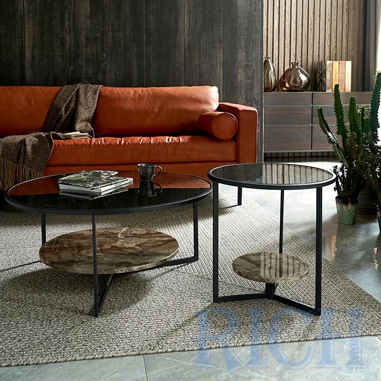 Italian Furniture Modern Design New Sofa Center Coffee Tea Table Living Room Black Small Round Metal Glass Top Coffee Table