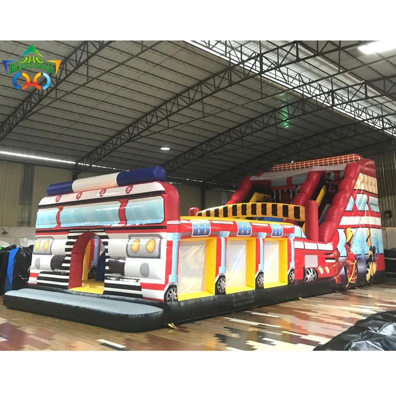 Kids inflatable  Fire Truck Bouncy Jumping Castle dry slide Playground Bouncer Amusement Park Equipment Obstacle Course