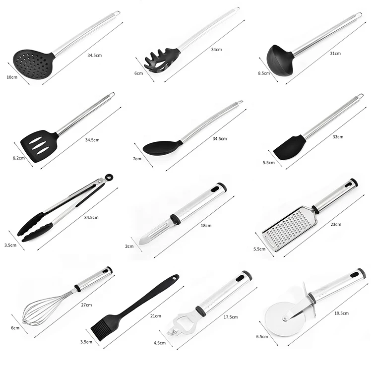 Kitchen Accessories Tools Cooking Utensils Spatula Tongs Set Nonstick Stainless Steel Handle Black Silicone Kitchen Utensils Set