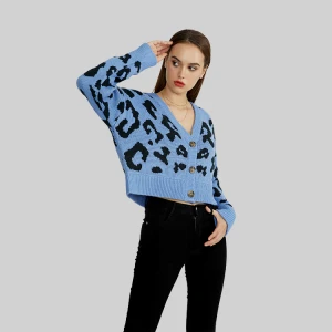 Knit Long Sleeve Leopard Designed Cardigan Sweater With Buttons Womans Cardigan Knitwear