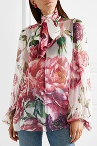 Ladies puff sleeves Pussy-bow floral print chiffon blouse and tops for women blouse and shirt latest design Fashion office wear