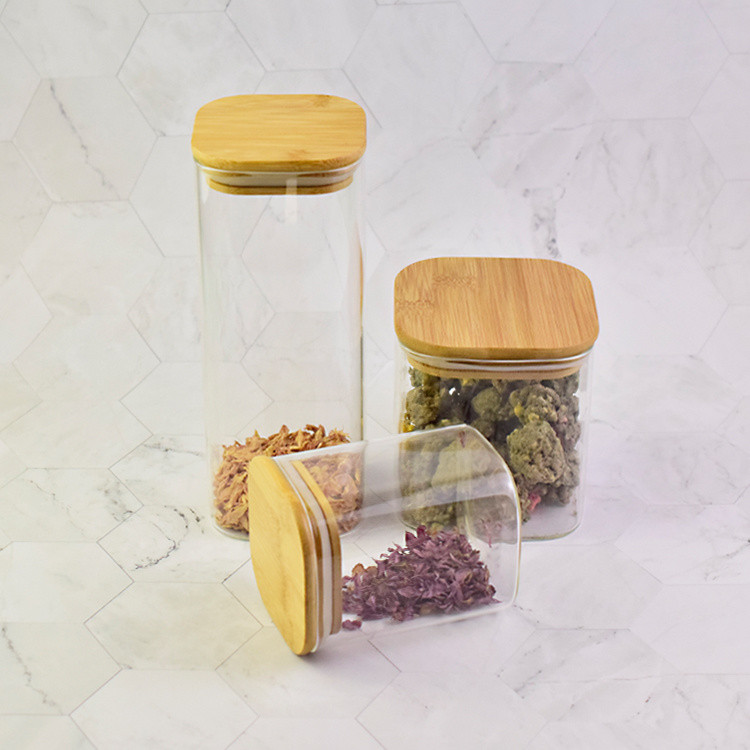 Large Capacity Round or Square Shape Hemp Hold Glass Containers with Bamboo Cap