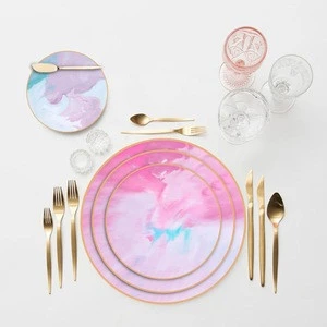 Modern restaurant dishes golden pink dinnerware set ceramic dinner plates set with gold rim
