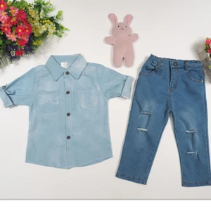 MS70115B 2015 best sell kids clothes fashion girls denim clothing sets shirts top+destroyed jeans
