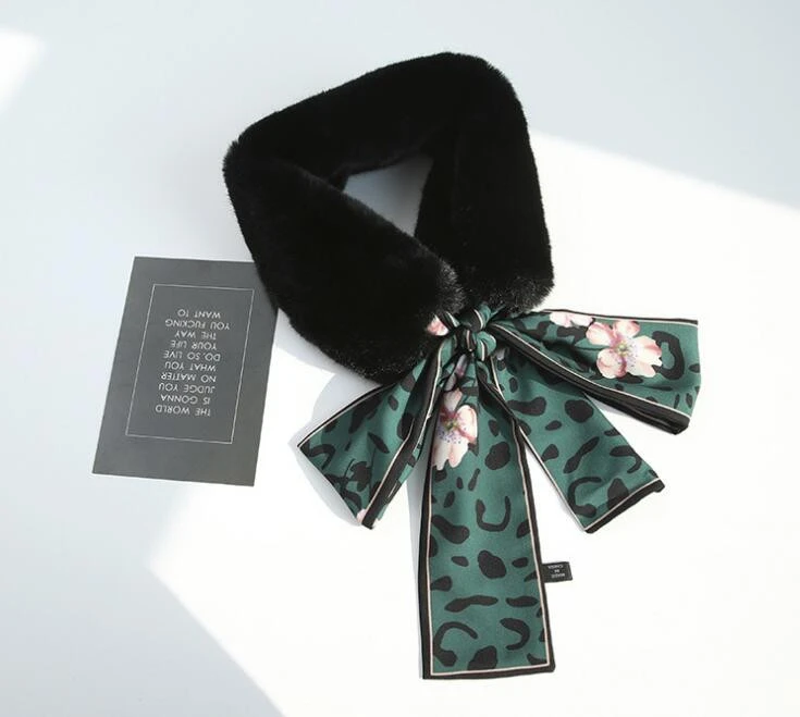 New Arrival Wholesale Elegant Winter Women Wrap Stole Scarves Faux Mink Fur Collar Scarf with Silk Ribbon Neck Scarf