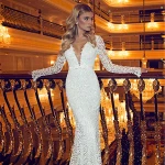 New Elegant Mermaid V Neck Wedding dress Long Sleeves Lace Backless Bridal Gown Evening Dress