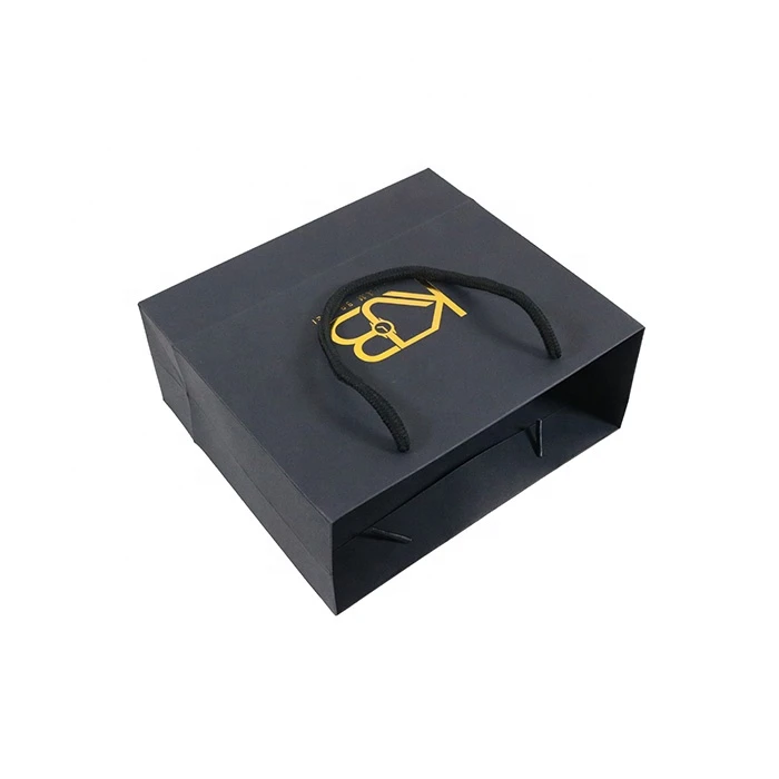 New Gold Logo Hot Foiled Stamping Black Matt Kraft  Paper Bag With Cotton Rope Handles