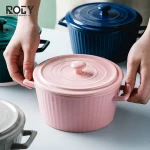 Nordic Ceramic Soup Bowl with Lid Handle Baking Stew Bowls Dessert Soy Milk Birds Nest Pot Porcelain Bowls Cup Dish Dinerware