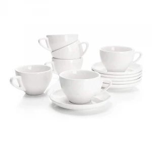 Porcelain Cappuccino Cups with Saucers - 6 Ounce for Specialty Coffee Drinks, Latte, Cafe Mocha and Tea - Set of 6