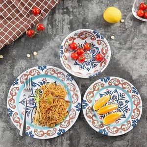 Round custom design housewares plastic dinnerware tableware luxury dinner service sets OEM melamine living art dinner set