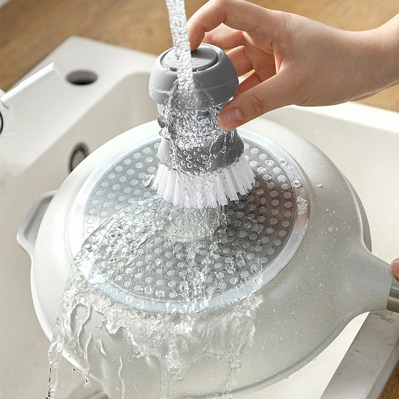 Round Kitchen Spray Pot Brush with filter bottom seat Cleaning  Pan Brush High Quality Washing Liquid Soap Dispensing Dish Brush