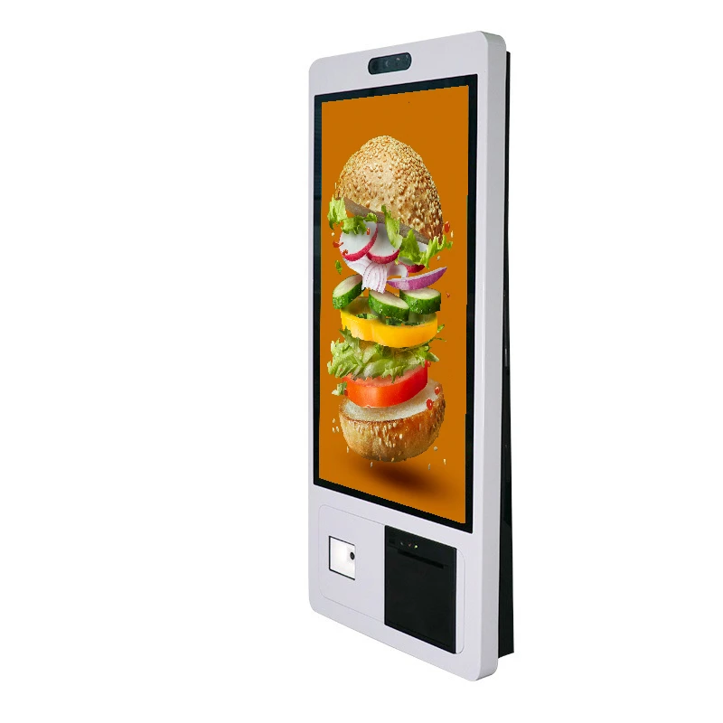 self service ordering system fast food franchise feedback security floor standing tablet pc kiosk with magnetic graphic banner