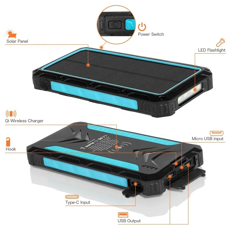 Solar Charger 20000mAh Qi Wireless Portable Solar Power Bank Rainproof External Backup Battery Pack with LED Flashlight